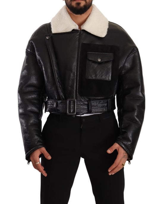 Dolce & Gabbana Herren schwarze Leder-Schaffell-Bikerjacke - Image 1