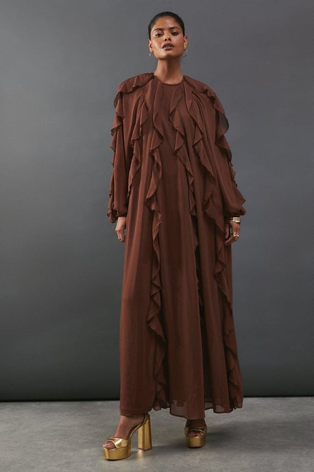 Chiffon Ruffle Blouson Sleeve Maxi Dress