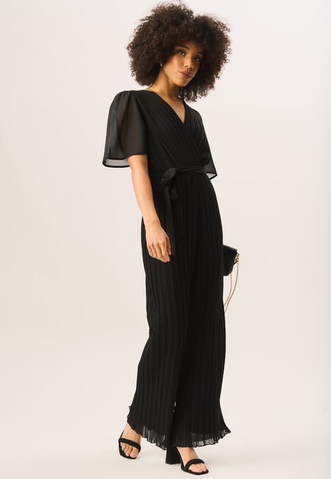 Angel Sleeves Pleated Belted Wrap Jumpsuit