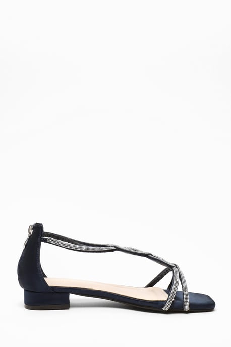 Navy Satin Diamante T-Strap Flat Sandals