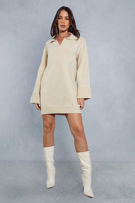 Brushed Knit V Neck Collared Jumper Dress