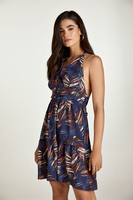 Leaf Print Empire Line Mini Dress