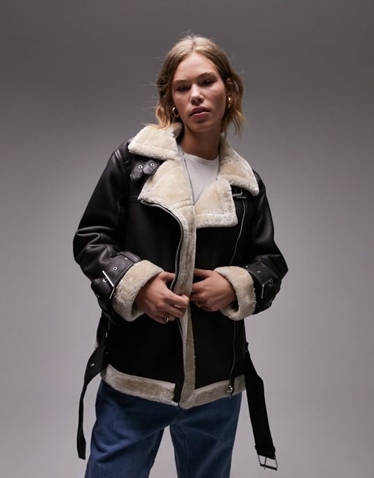 Topshop faux leather shearling oversized aviator biker jacket in dark brown
