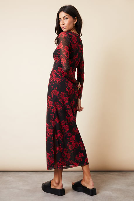 Black 'Blooming' Printed Long Sleeve Mesh Midi Dress