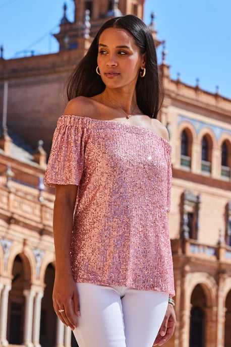 Pink Sequin Bardot Short Sleeve Top