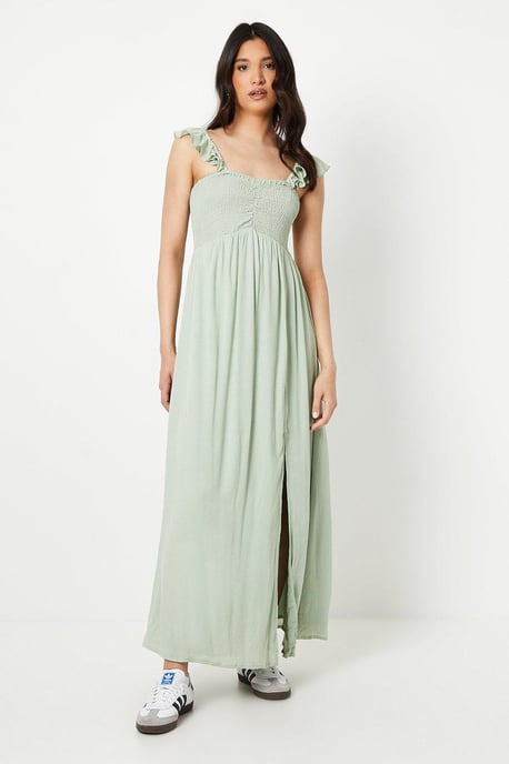 Shirred Bodice Crinkle Midi Dress