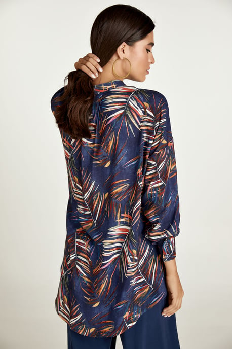 Leaf Print Blouse with Mandarin Collar