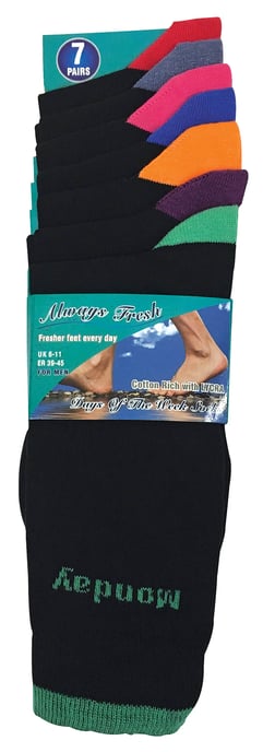 7er-Pack Herren Schwarz / Farbige Ferse und Spitze Tag der Woche Baumwollsocken - Image 2