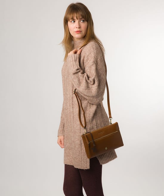 'Minnow' Dark Tan Leather Cross Body Clutch Bag
