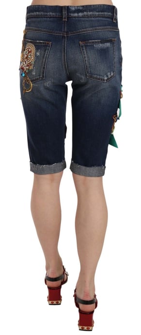 Dolce & Gabbana Damen Blue Denim Mid Waist Crystal Capri-Shorts - Image 4