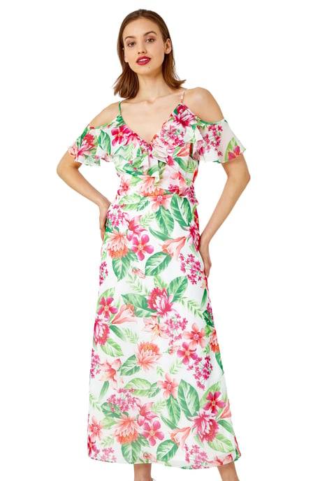 Floral Print Cold Shoulder Midi Dress - Image 1