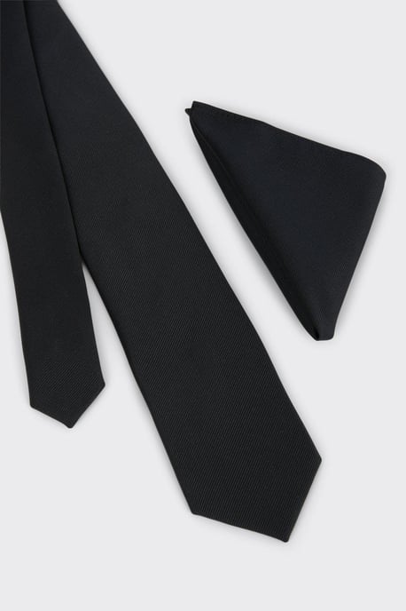 Longer Length Slim Black Tie And Pocket Square Set