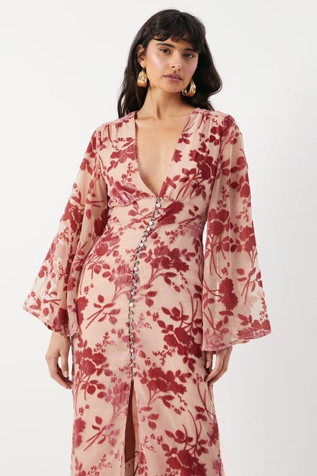 Devore Plunge Neck Flared Sleeve Button Through Midi Dress - Image 2