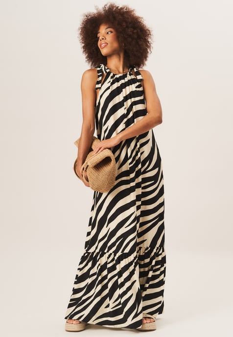 Zebra Print Tie Shoulder Maxi Dress