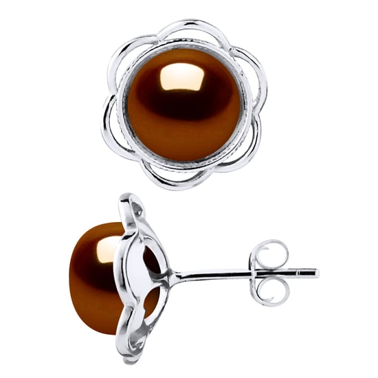 Stud Earrings FLOWER Beads Freshwater 8-9mm Chocolate Buttons 925