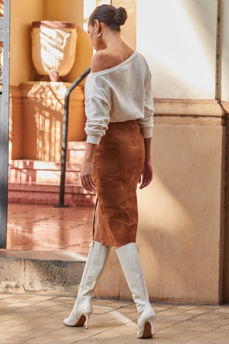 Tan Suede Zip Front Pocket Detail Pencil Skirt