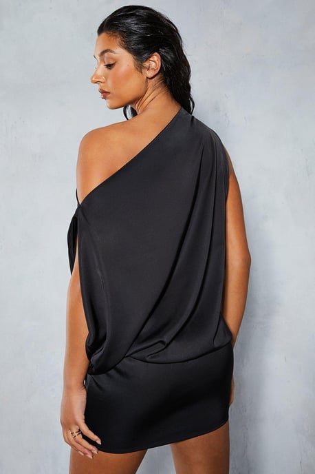Satin Off Shoulder Asymmetric Bodycon Mini Dress