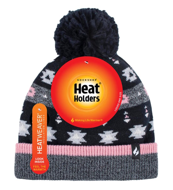 Heat Holders - Ladies Warm Knit Fleece gefüttert Winter Warm Hat mit Pom Pom - Grau / Schwarz - Image 2
