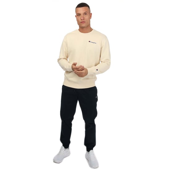 Men's Champion Crew Neck Small Script Logo Sweatshirt in Sand