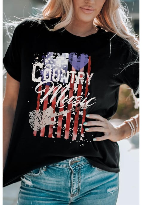 Damen-T-Shirt mit amerikanischem Flaggen-Print, kurzärmlig, in Schwarz - Image 3