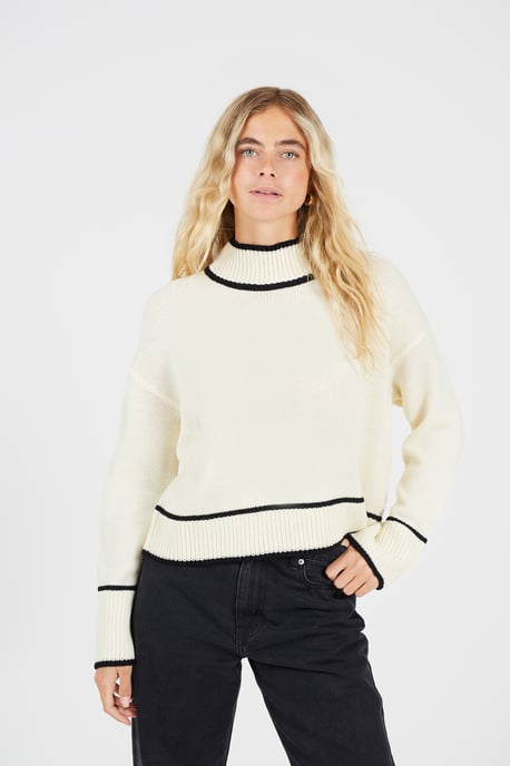Cream Turtleneck Knitted Jumper With Contrast Trim