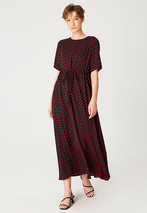 Midi tunic dress with drawstring belt and polka dot print