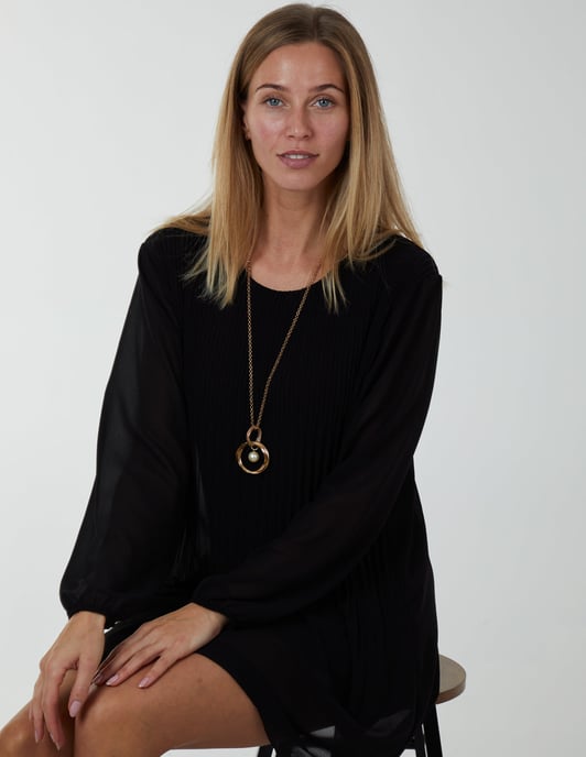 Long Sleeve Pleated Shift Dress