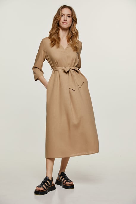 Beigefarbenes Midikleid aus Leinen mit Gürtel - Image 1