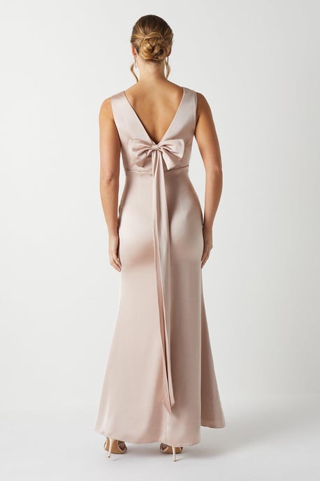 Bow Back V Neck Satin Bridesmaids Dress - Image 4