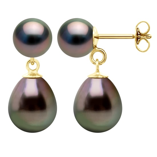Double Earrings - Yellow Gold - Real Cultured Tahiti Pearls Round 7-8 and Pear 9-10 mm