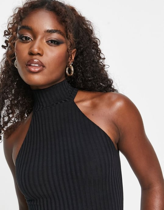 Miss Selfridge sleeveless high neck ribbed mini dress in black