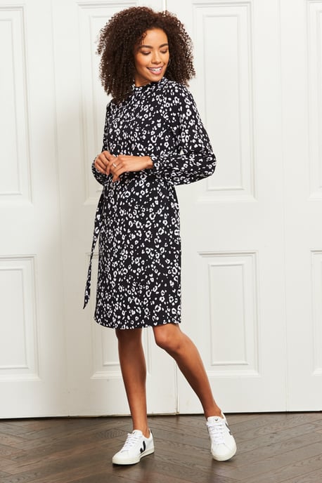 Black & White Animal Print Belted Shift Dress