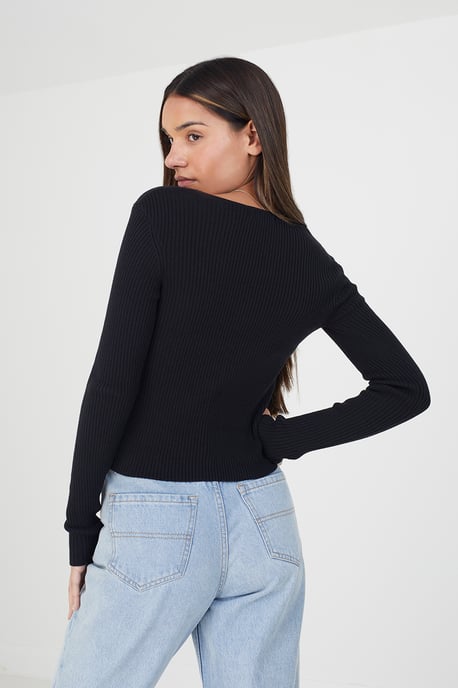 Black 'Sasha' Ribbed Knitted V-Neck Cardigan