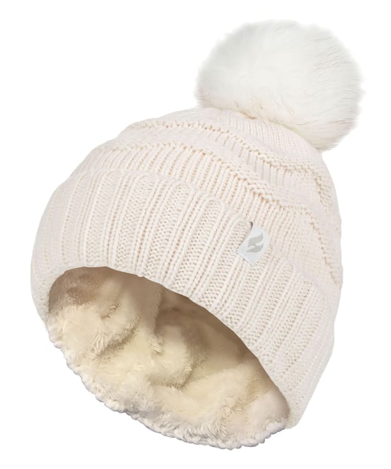 Damen Winter Pelz Beanie Mütze | Wärmehalter | Zickzack gemusterte Pom Pom Hut | Womens Thermal Cuff Bobble Hat - Creme - Image 1