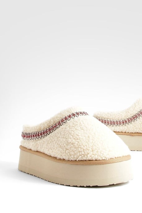 Borg Embroidered Platform Cosy Mules