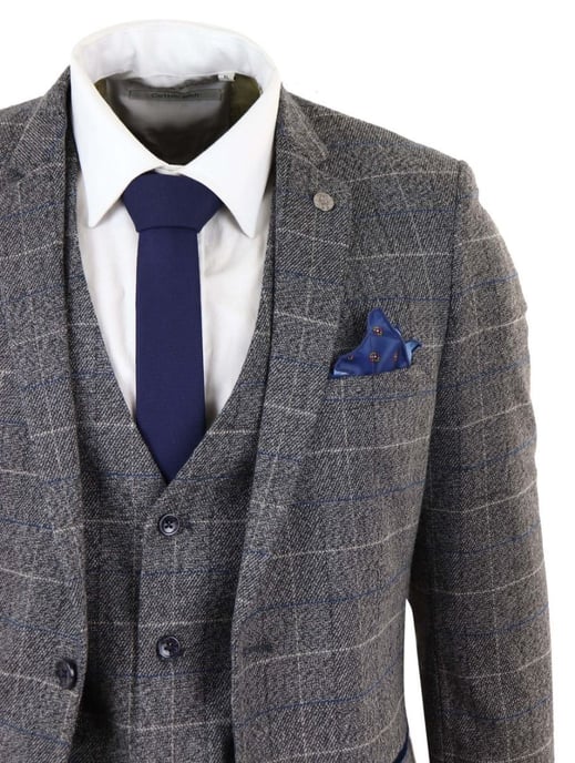 3-teiliger klassischer Anzug für Herren in Grau mit blauem Karomuster im Vintage-Stil - Image 5