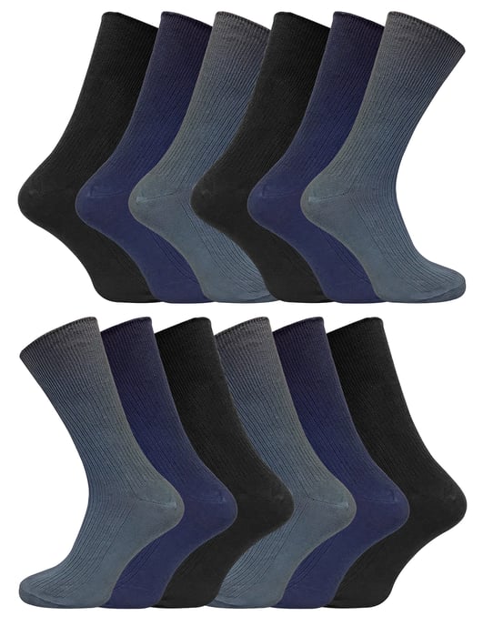 12 Paar Multipack Herren 100% Baumwolle Diabetiker freundliche Socken | Socken Snob | gerippt nicht elastisch lose breite Top Socken - TSFD02 - Image 1