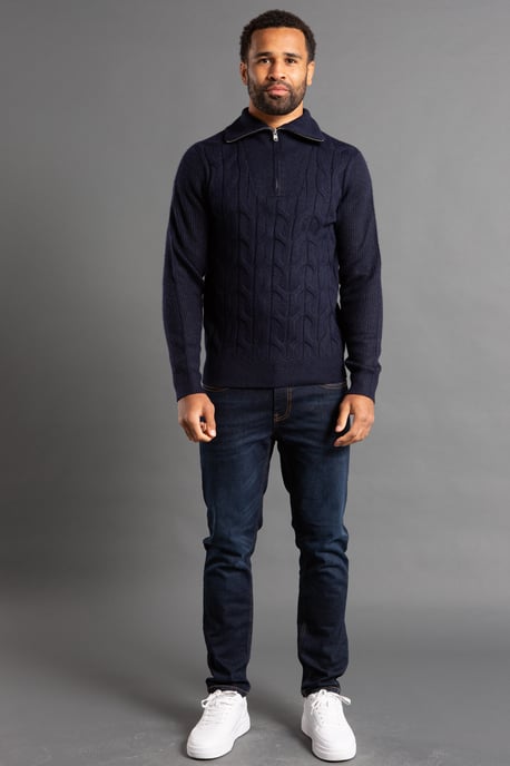Dark Navy Cable Knit Jumper With 1/4 Zip Collar