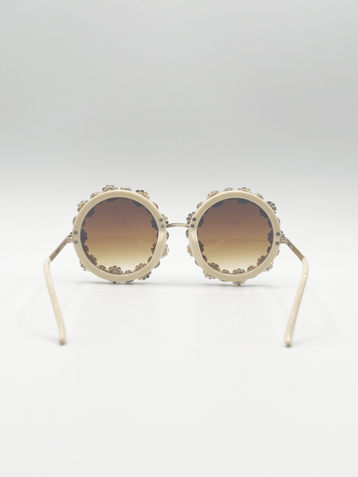 Round Floral Crystal Gem Sunglasses in Pink