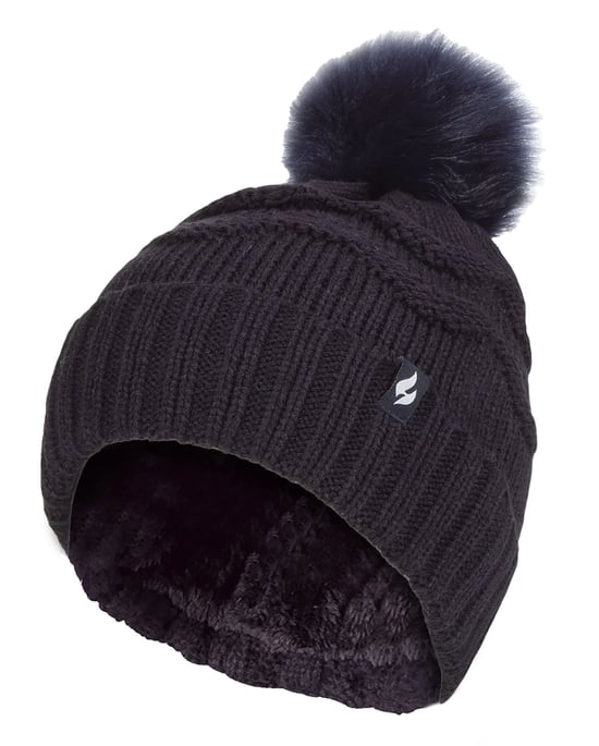 Damen Winter Pelz Beanie Mütze | Wärmehalter | Zickzack gemusterten Pom Pom Hut | Damen Thermal Cuff Bobble Hat - Navy - Image 1