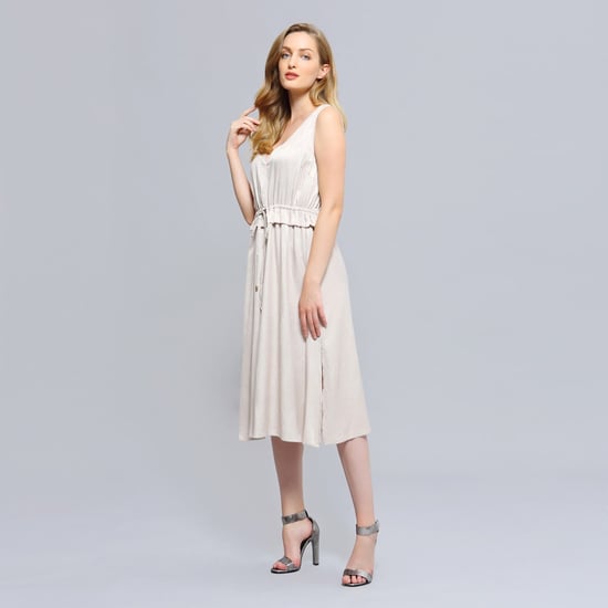 V-neckline Adjustable Waist Midi Dress