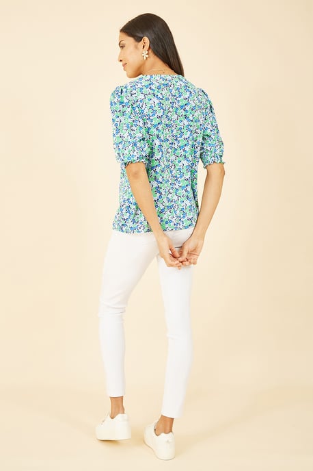 Green Ditsy Print Puff Sleeve Top