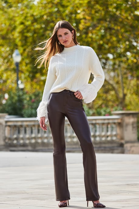 Cream Cable High Neck Faux Fur Cuff Jumper