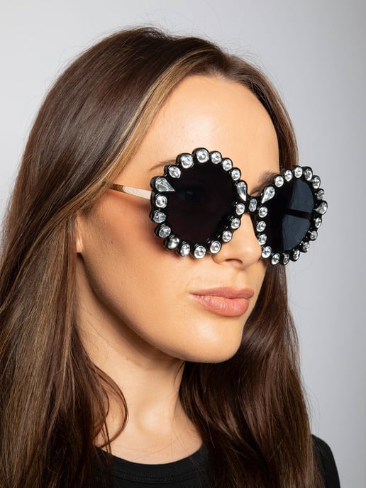 Round Floral Gem Novelty Sunglasses in Black