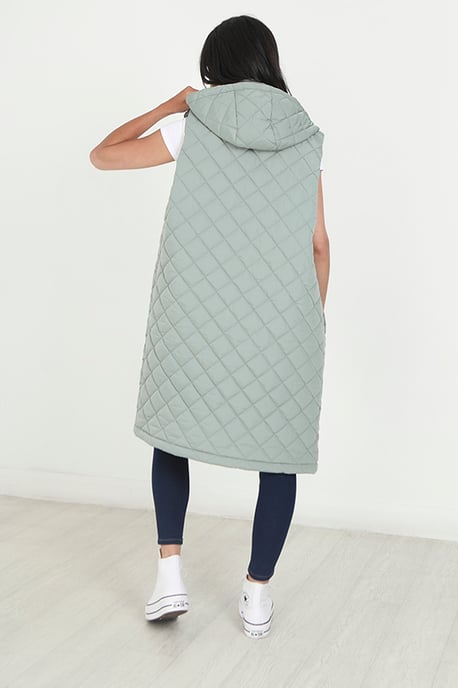 Light Green 'Rusett' Diamond Quilted Longline Hooded Gilet