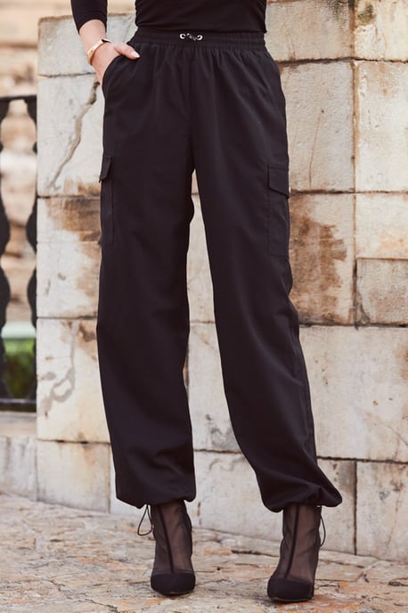 Black Parachute Pants With Drawcord Detail