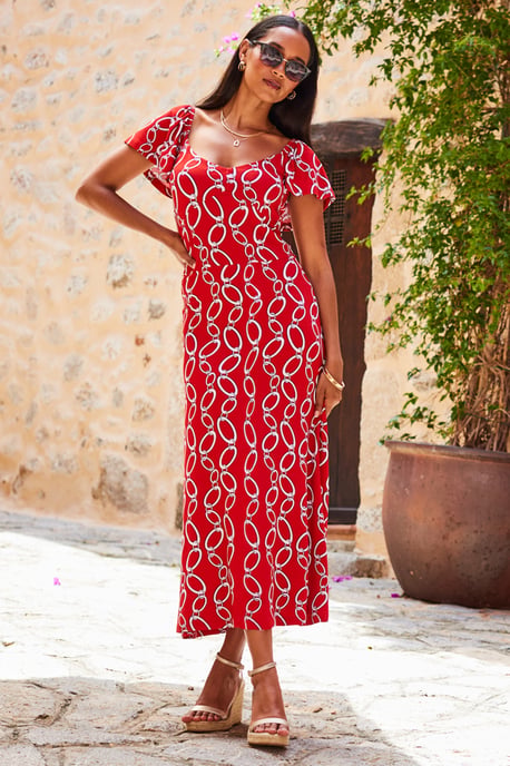 Red Chain Print Angel Sleeve Fit & Flare Midi Dress