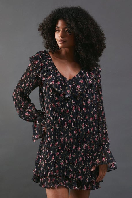 Floral Pleated Chiffon V Neck Mini Swing Dress - Image 1