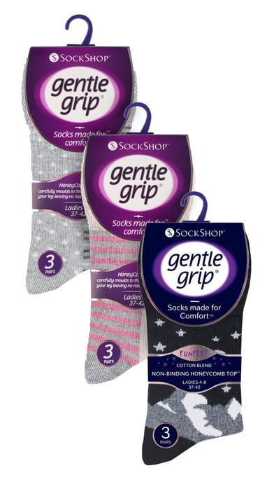 9 Paar Multipack Ladies Cotton Crew Non Elastic Socks | Gentle Grip | Womens Soft Top Striped Patterned Non Binding Socks - Grey Mix - Image 2