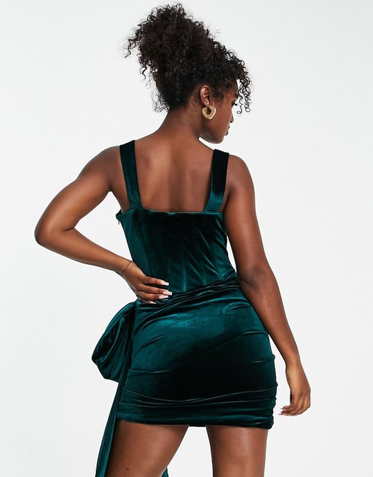 Forever New velvet corseted drape bow mini dress in emerald green